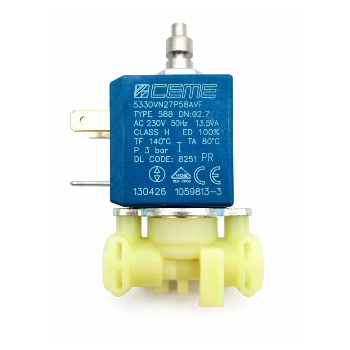 De’Longhi Magnetventil 5213218251, 3-Wege und 230 V, Ansicht mit beschrifteter blauer Magnetspule