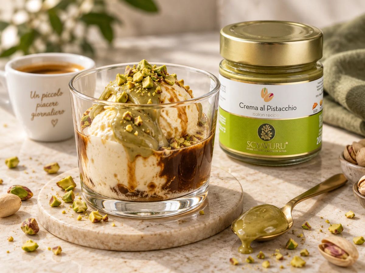 Affogato mit Vanilleeis, Espresso, Pistaziencreme und gehackten Pistazien