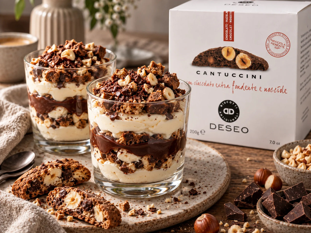 Mascarpone-Dessert im Glas mit Deseo Cantuccini, dunkler Schokolade und Haselnüssen, daneben die originale Deseo Cantuccini-Packung