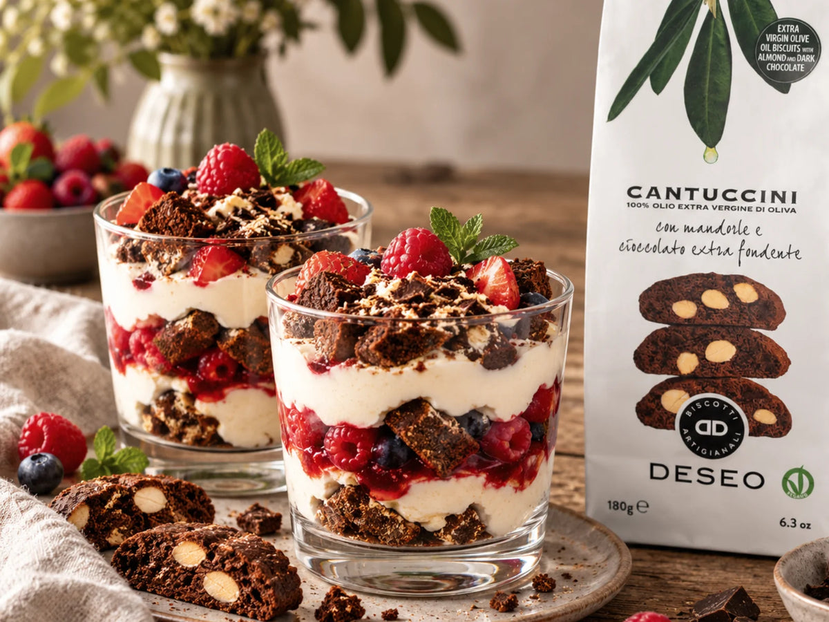 Schokoladen-Cantuccini-Trifle mit Mascarponecreme, Erdbeeren, Himbeeren und Blaubeeren, daneben die originale Deseo Cantuccini-Packung