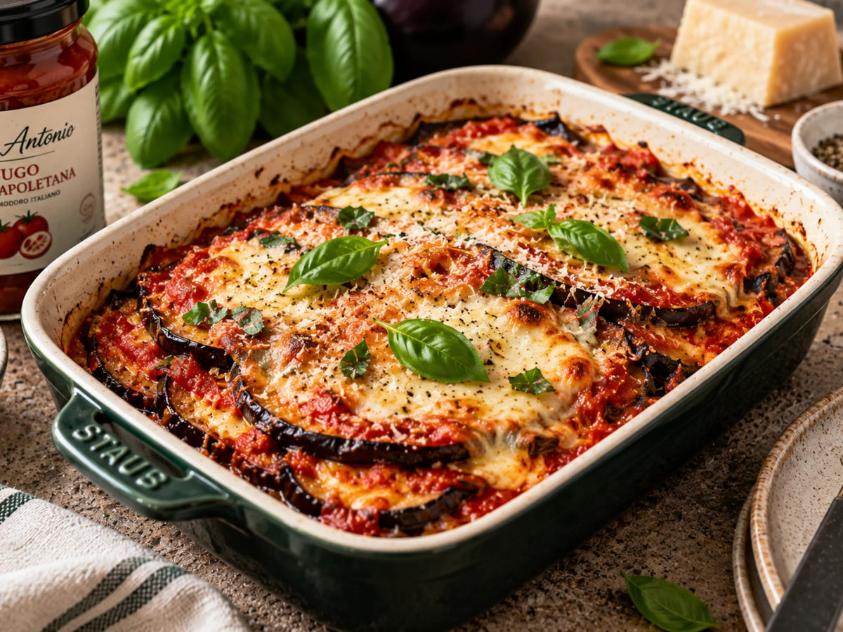 Melanzane alla Parmigiana mit Auberginen, Tomatensauce, Mozzarella, Parmesan und Basilikum