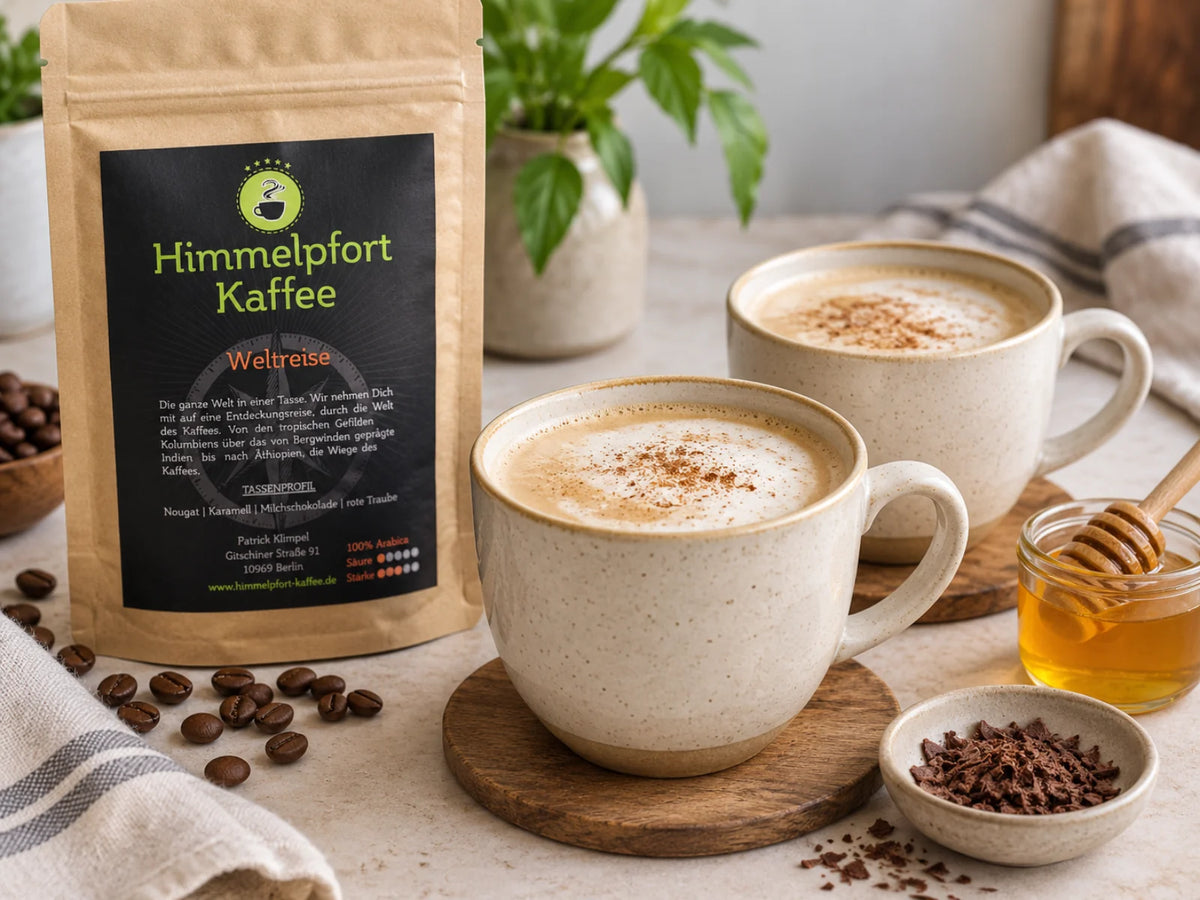Café au Lait mit Weltreise, warmer Milch und Honig in zwei Keramiktassen, daneben die originale Himmelpfort-Kaffee-Tüte Weltreise, Kaffeebohnen, Honig und etwas dunkle Schokolade