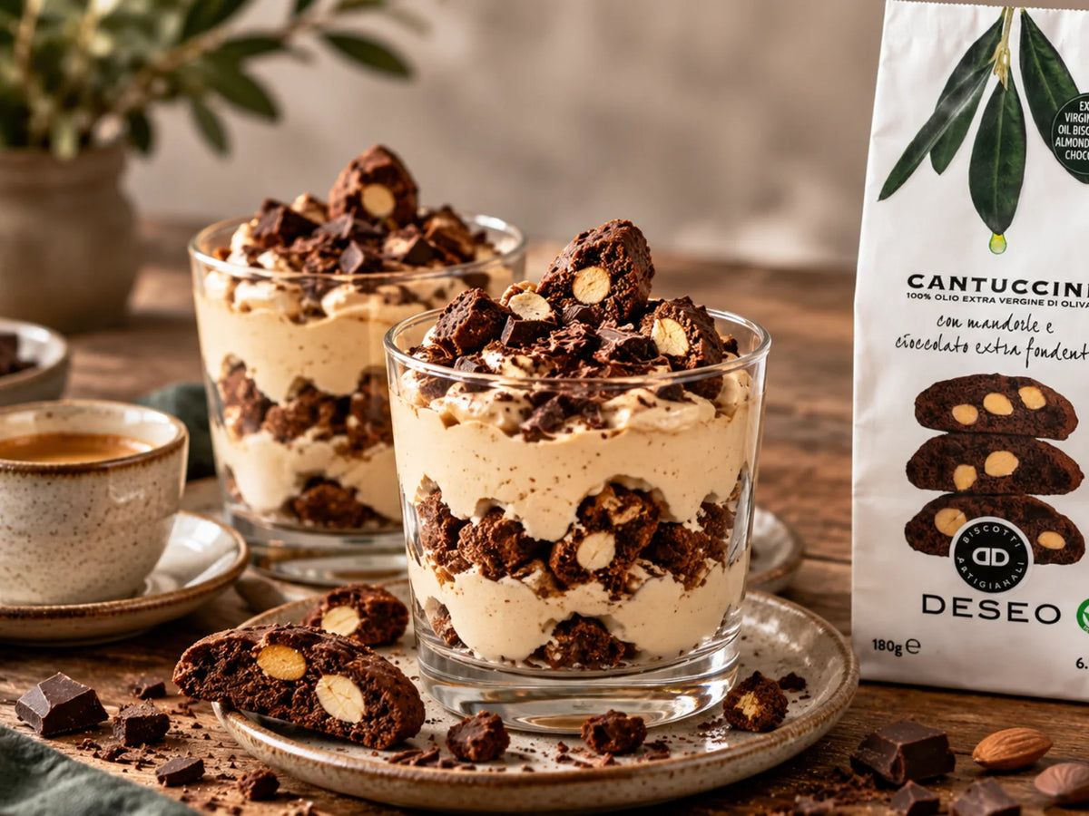 Espresso-Creme im Glas mit Deseo Cantuccini, Zartbitterschokolade und Mandeln, daneben die originale Deseo Cantuccini-Packung