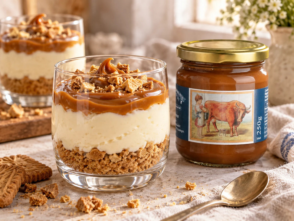 Cheesecake im Glas mit Confiture de lait, Keksboden und cremiger Frischkäsefüllung, daneben das Originalglas der Pfunds Milchkaramellcreme