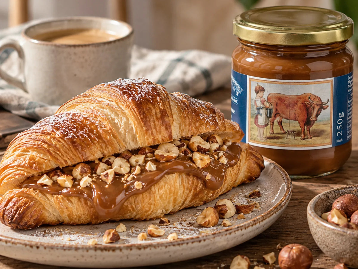 Croissant mit Confiture de lait und gerösteten Haselnüssen, daneben das Originalglas der Pfunds Milchkaramellcreme