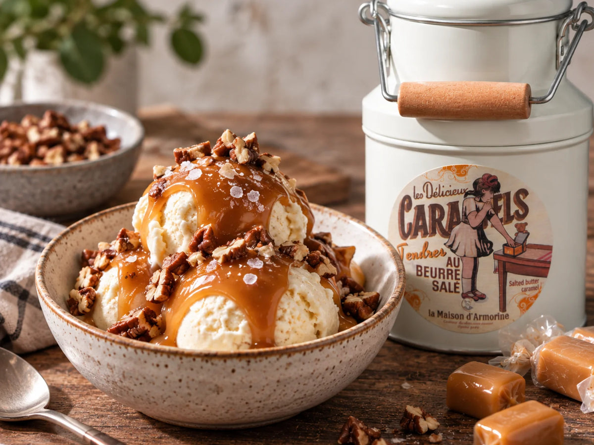 Vanilleeis mit warmer Salzkaramellsauce, gerösteten Nüssen und Meersalz, daneben die originale Dose der Caramels au beurre salé
