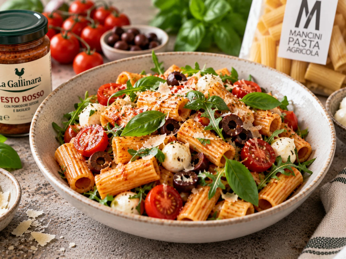 Mediterraner Rigatoni-Salat mit Pesto Rosso, Kirschtomaten, Mozzarella, Rucola und Oliven