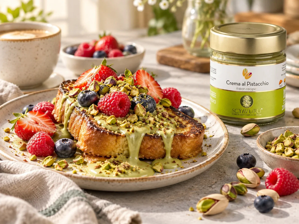 Pistazien-French-Toast mit Beeren, Pistaziencreme und gehackten Pistazien