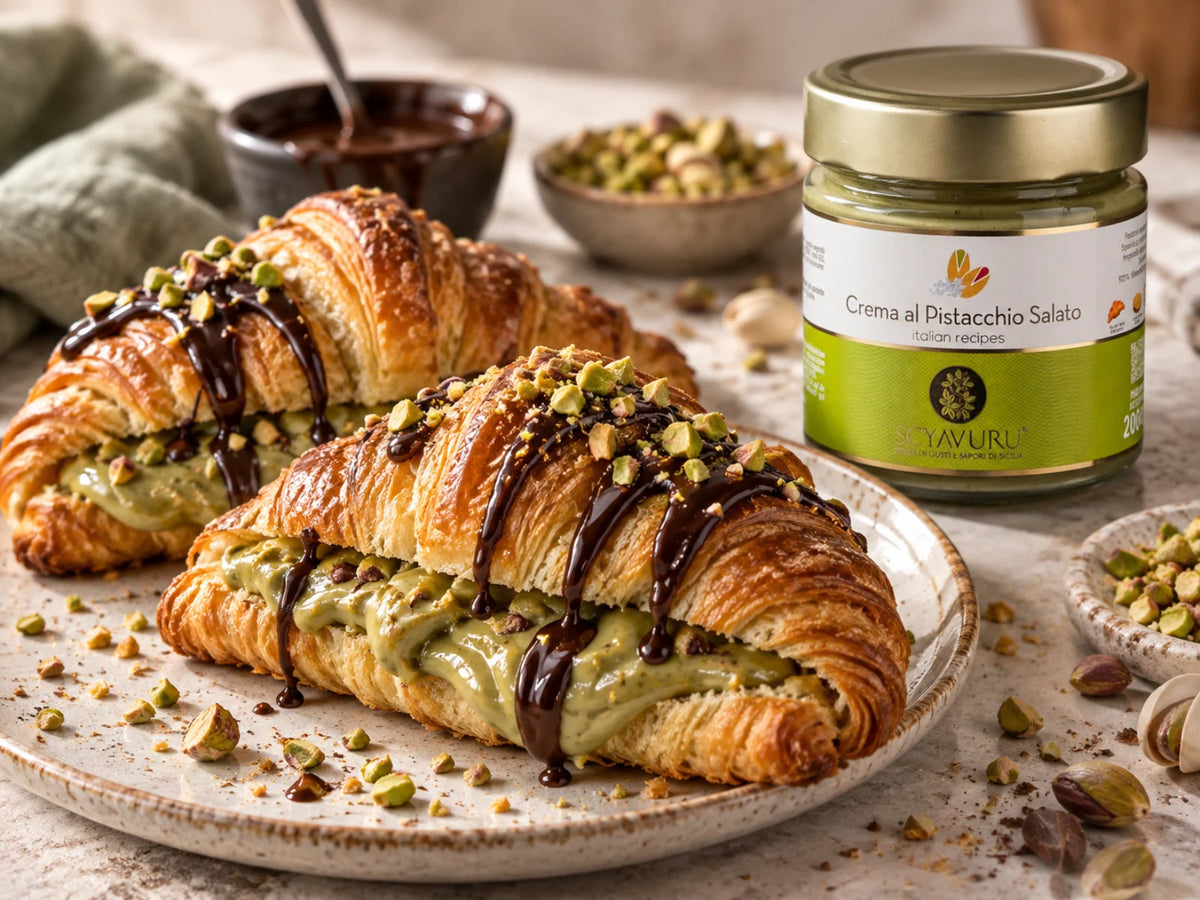 Croissant mit gesalzener Pistaziencreme, dunkler Schokolade und gehackten Pistazien, daneben das Scyavuru Glas „Crema al Pistacchio Salato“