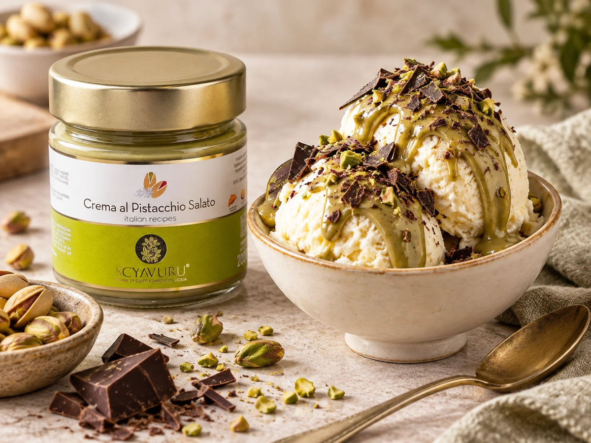 Pistaziencreme mit Vanilleeis und Schokolade, dekorativ angerichtet, daneben das Originalglas „Crema al Pistacchio Salato“ von Scyavuru.