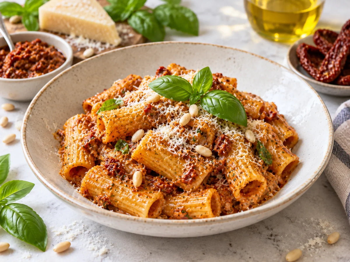 Rigatoni mit Pesto Rosso, Basilikum, Pinienkernen und geriebenem Käse