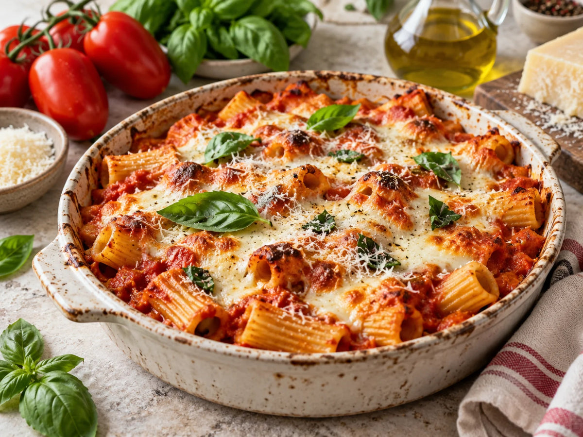 Rigatoni al forno mit Tomatensauce, geschmolzener Mozzarella, Parmesan und Basilikum
