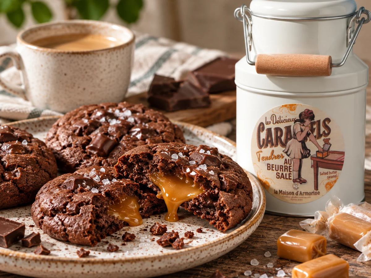 Schoko-Cookies mit weichem Salzkaramellkern und Meersalz, daneben die originale Dose der Caramels au beurre salé