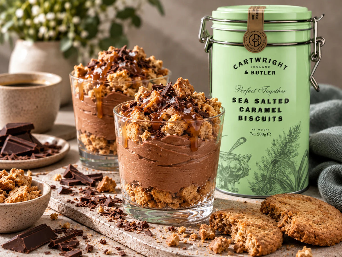 Schoko-Mousse im Glas mit dunkler Schokolade, Karamellsauce und Salted-Caramel-Biscuit-Crunch, daneben die originale Cartwright-&-Butler-Dose der Sea Salted Caramel Biscuits