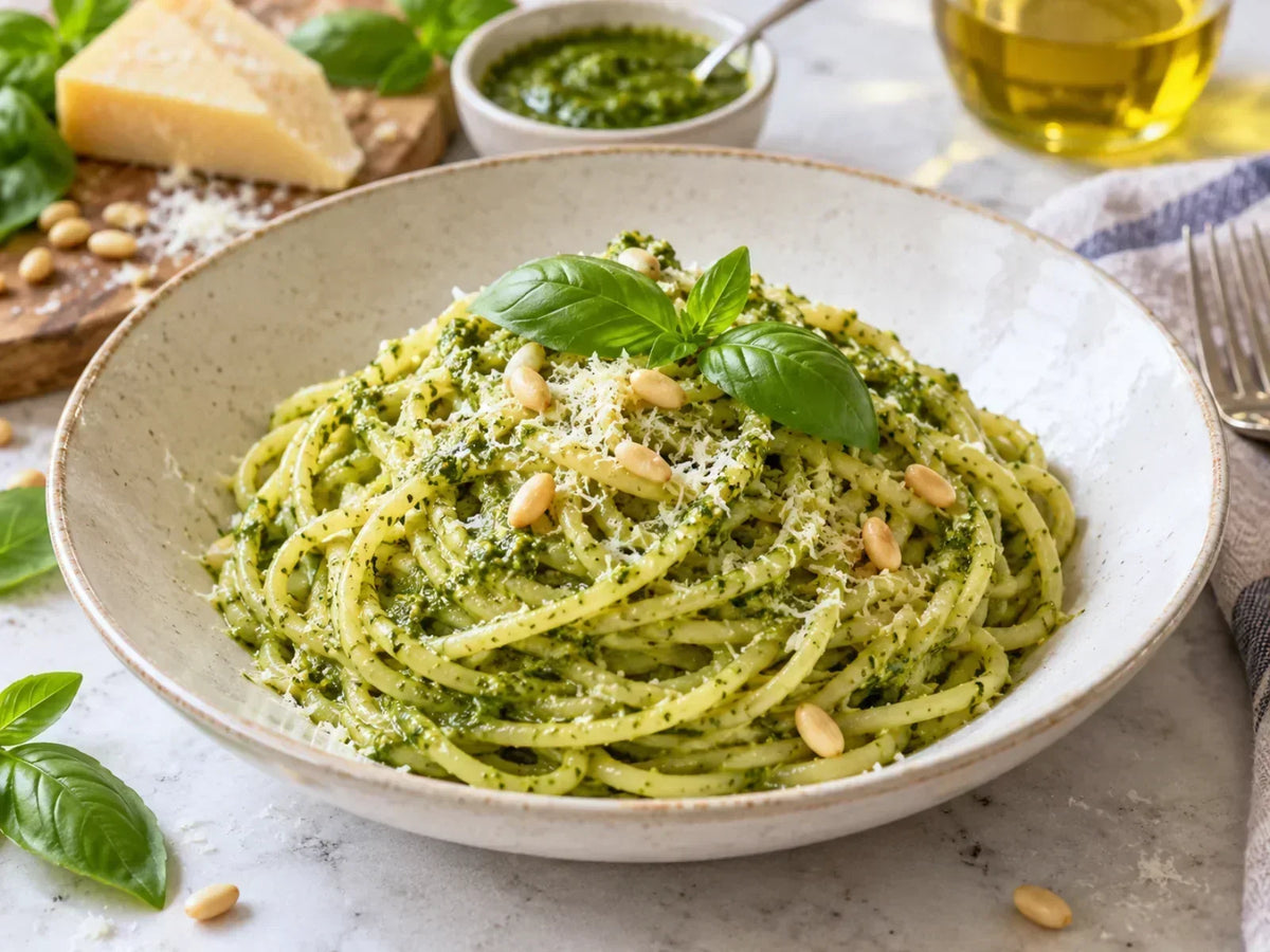 Spaghetti mit Pesto Genovese, Basilikum, Pinienkernen und Parmesan