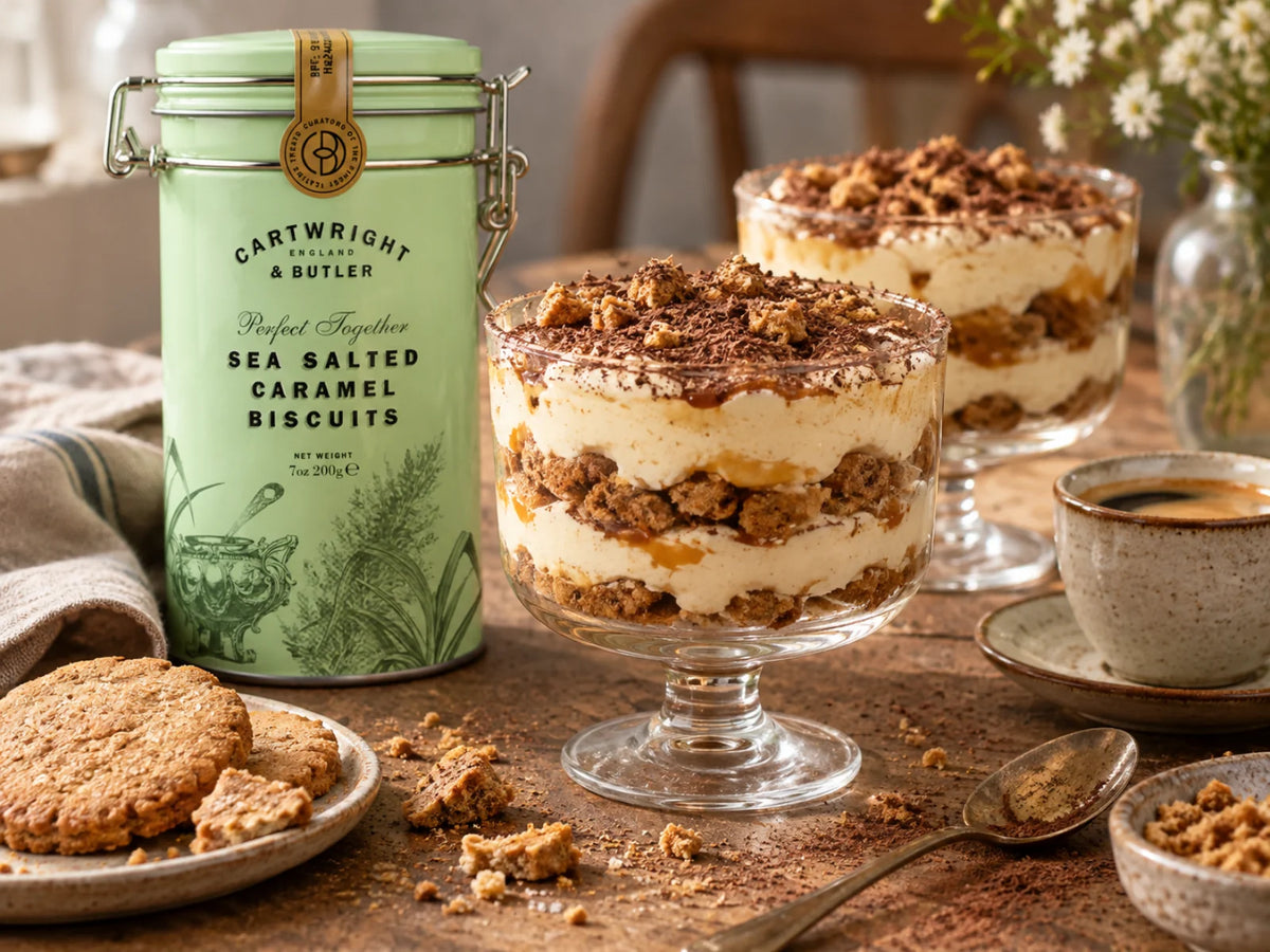 Salted-Caramel-Biscuit-Tiramisu im Glas mit Mascarponecreme und Karamell-Crunch, daneben die originale Cartwright-&-Butler-Dose der Sea Salted Caramel Biscuits