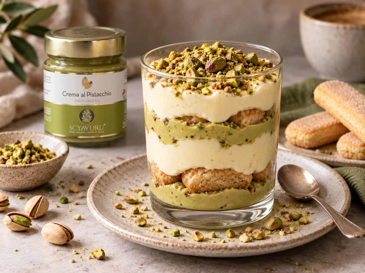 Pistazien-Tiramisu im Glas mit Mascarpone, Espresso, Pistaziencreme und gehackten Pistazien