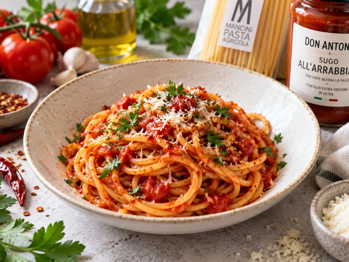 Spaghetti all’Arrabbiata mit würziger Tomatensauce, Petersilie und geriebenem Käse