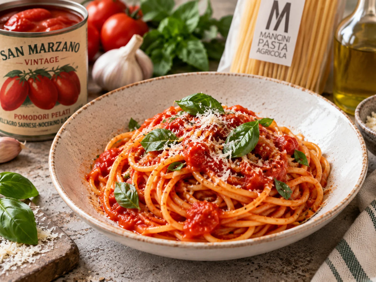 Spaghetti al Pomodoro mit San-Marzano-Tomaten, Basilikum und geriebenem Parmesan