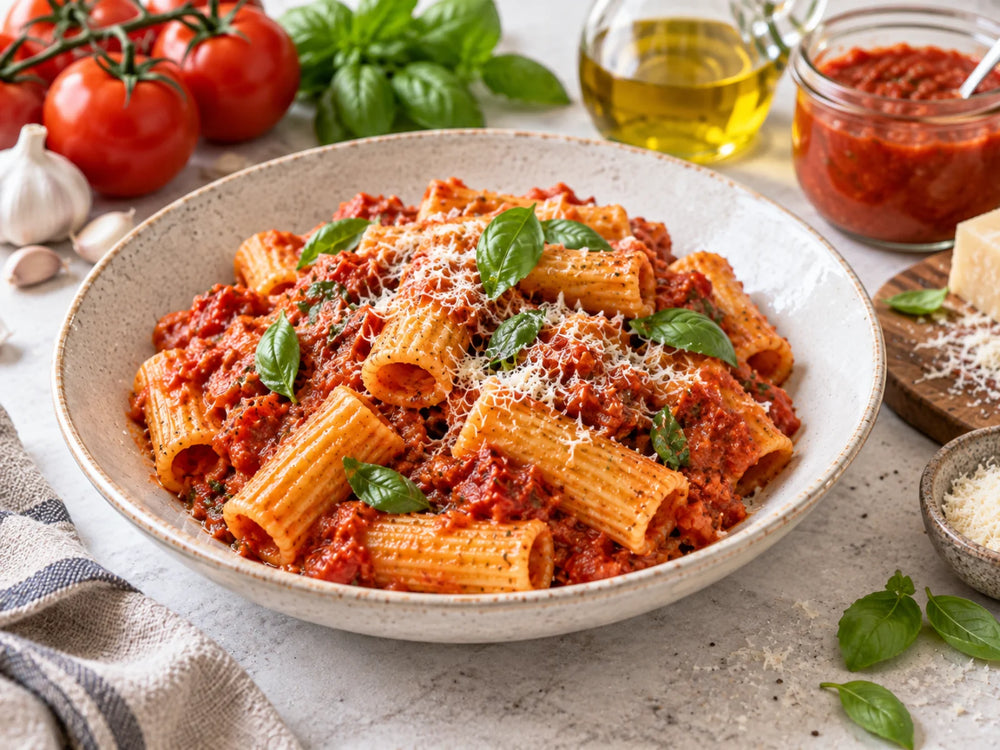 Rigatoni alla Napoletana mit Tomatensauce, Basilikum und geriebenem Parmesan