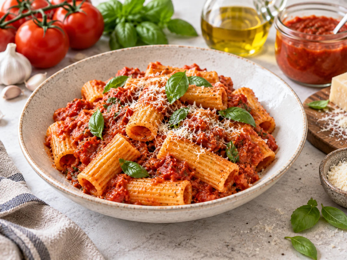 Rigatoni alla Napoletana mit Tomatensauce, Basilikum und geriebenem Parmesan