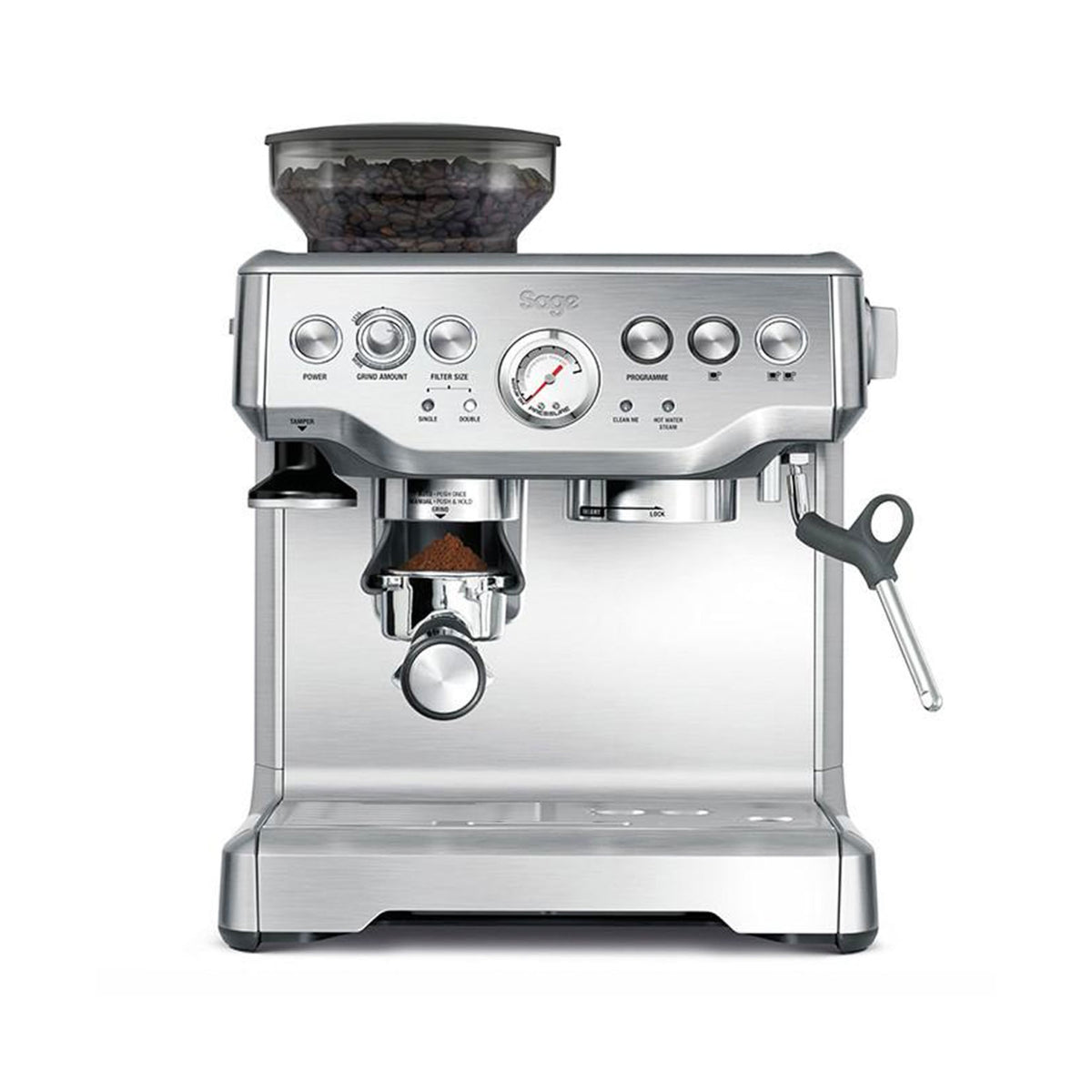 Sage the Barista Express Siebträgermaschine mit integriertem Mahlwerk in gebürstetem Edelstahl – Frontansicht