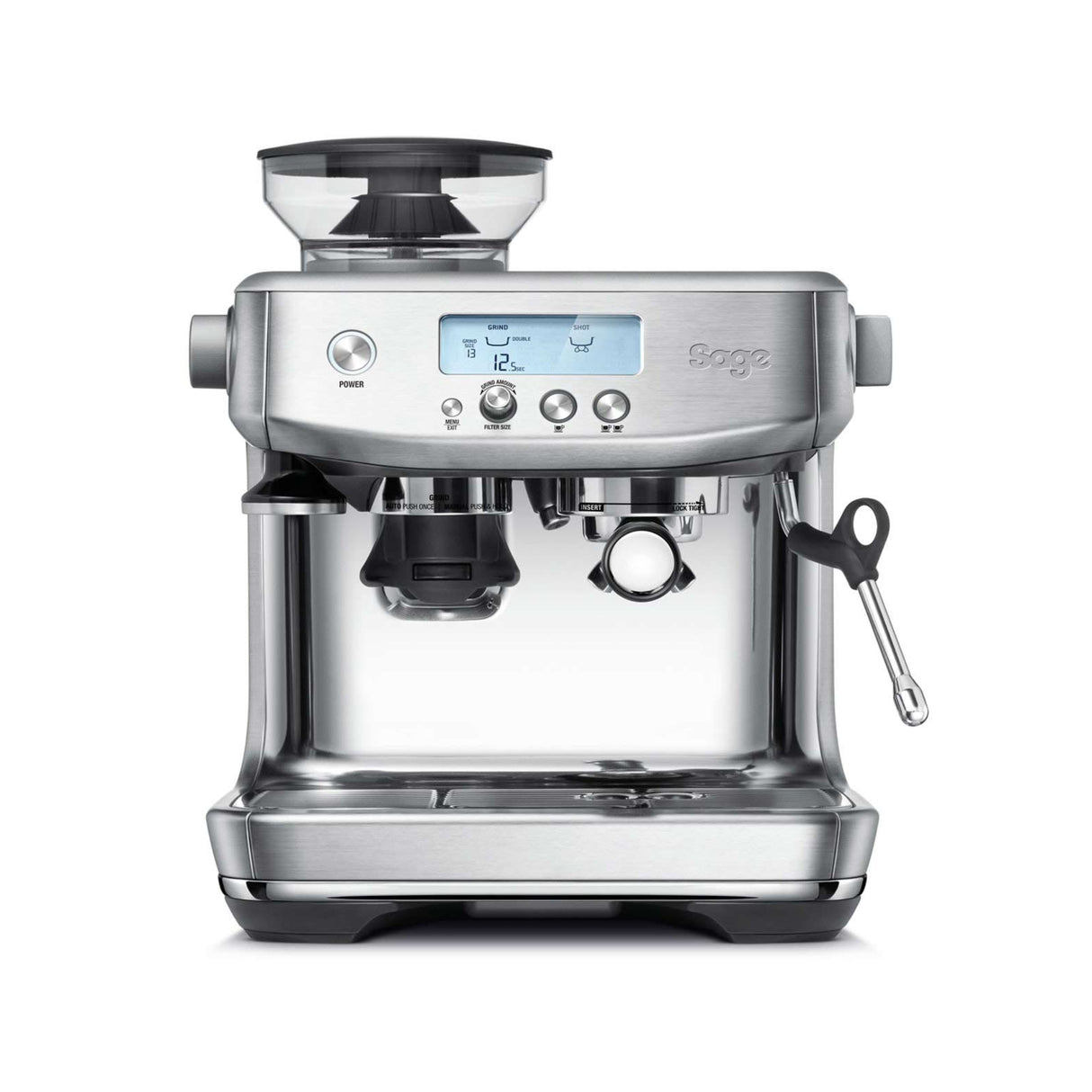 Sage the Barista Pro Siebträgermaschine mit integriertem Mahlwerk in gebürstetem Edelstahl – Frontansicht