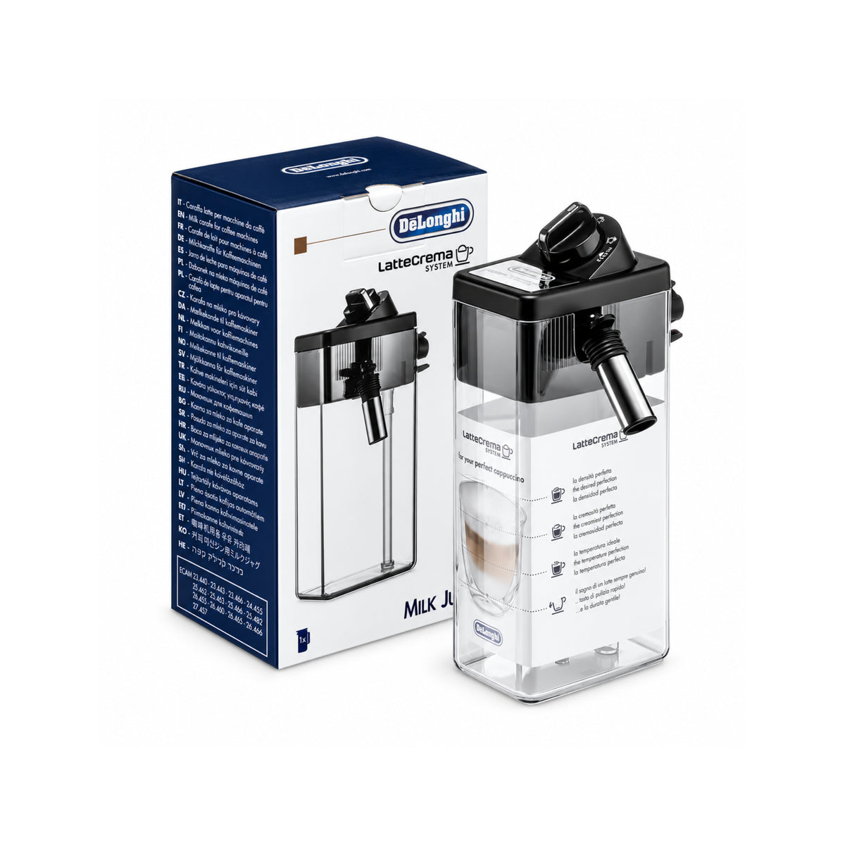 De’Longhi Milchkaraffe DLSC011 5513294571 mit schwarzem Deckel, Milchauslauf und Originalverpackung