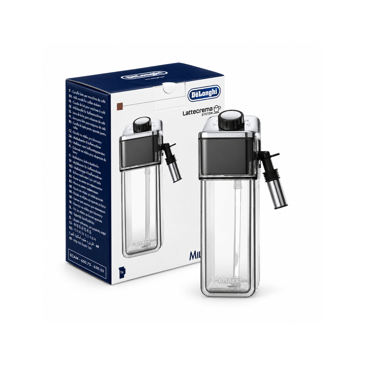 De’Longhi Thermo-Milchkaraffe DLSC014 5513297811 mit schwarzem und silberfarbenem Deckel sowie Originalverpackung