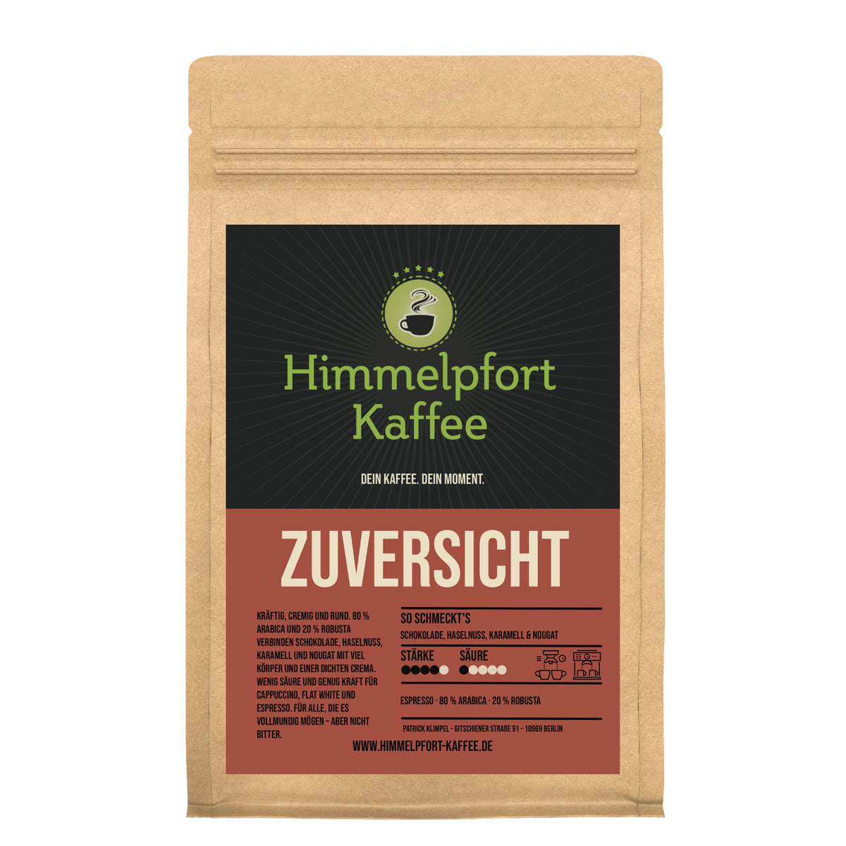 Espresso Zuversicht von Himmelpfort Kaffee – Kaffeeverpackung mit 80 % Arabica und 20 % Robusta, kräftig und cremig, mit Noten von Schokolade, Haselnuss, Karamell und Nougat.