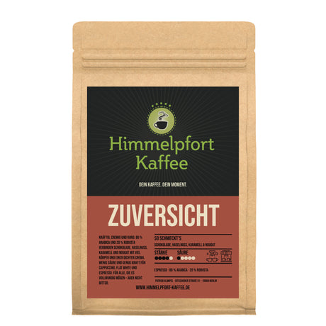 Espresso Zuversicht von Himmelpfort Kaffee – Kaffeeverpackung mit 80 % Arabica und 20 % Robusta, kräftig und cremig, mit Noten von Schokolade, Haselnuss, Karamell und Nougat.
